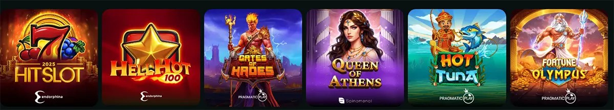 Row of slot game thumbnails showing 7 Hit Slot 2025, Hell Hot 100, Gates of Hades, Queen of Athens, Hot to Burn, and Fortune of Olympus.