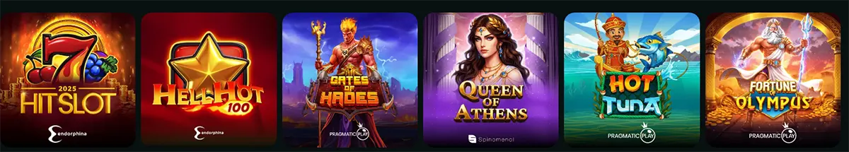 Row of slot game thumbnails showing 7 Hit Slot 2025, Hell Hot 100, Gates of Hades, Queen of Athens, Hot to Burn, and Fortune of Olympus.